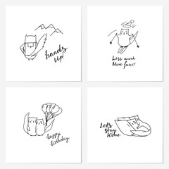 Cute cats hand drawn card set.