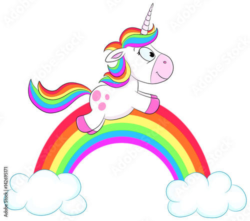 "Niedliches Einhorn vor Regenbogen Vektor-Illustration" Stockfotos und