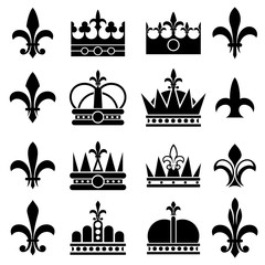 Crown and fleur de lis, lily flowers royal vector icons - obrazy, fototapety, plakaty