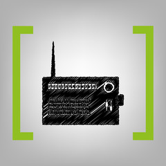 Radio sign illustration. Vector. Black scribble icon in citron brackets on grayish background.