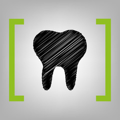 Tooth sign illustration. Vector. Black scribble icon in citron brackets on grayish background.