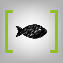 Fish sign illustration. Vector. Black scribble icon in citron brackets on grayish background.