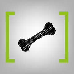 Bone sign illustration. Vector. Black scribble icon in citron brackets on grayish background.