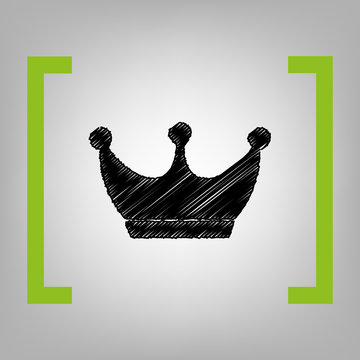 King crown sign. Vector. Black scribble icon in citron brackets on grayish background.
