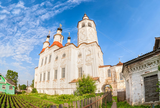 Church of the Entry into Jerusalem in baroque (1794) against blue sky background. Totma, Vologodsky region, Russia.
