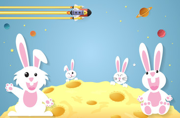 Rabbit on the surface of the full moon,spaceship in space.vector