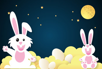 Easter day,rabbit with cloud and sky.paper art style.