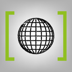 Earth Globe sign. Vector. Black scribble icon in citron brackets on grayish background.