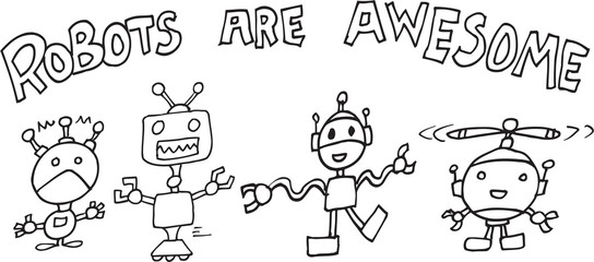 Cute Robot Doodle Vector Illustration Set