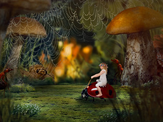 The little girl in the macrocosm. The child shrank to the size of insects. Children's fairy tale © kozorog