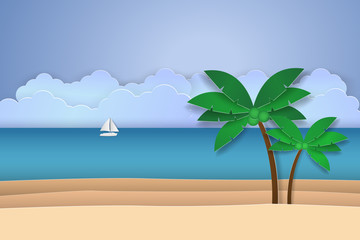 Fototapeta na wymiar Ocean with horizon and coconut tree on beach , paper art style