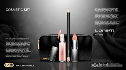 Cosmetic set ads template, mascara and eye shadows, lipstick collection cover mockup. Pink background fragrance. Dazzling effect background. 3D Realistic Vector illustration