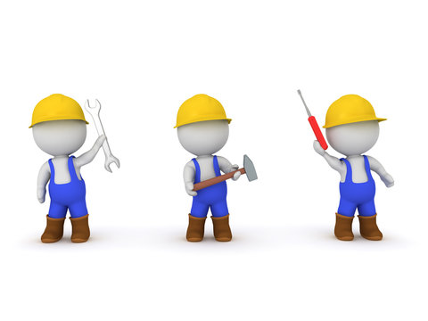 Three 3D characters dressed as workers