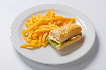 Sandwich with ham, tomato, cheese and golden French fries potatoes