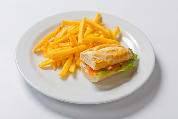 Sandwich with salmon, tomato, cheese and golden French fries potatoes