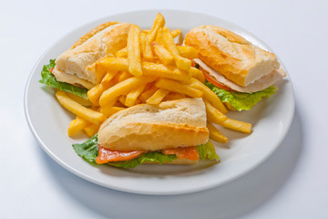 Different types of sandwiches with French fries on a white plate