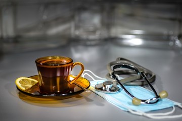Night.Hospital. Short rest: a Cup of coffee, lying next to a ste