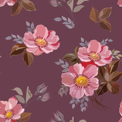 Seamless pattern with floral print in pink tones on a dark purple background.