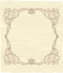 Old frame on aged paper with empty space for text. Retro vintage greeting card, invitation or template for notes.