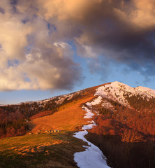 Spring landscape in the mountains with evening light