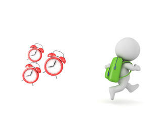 3D School boy wearing backpack is late