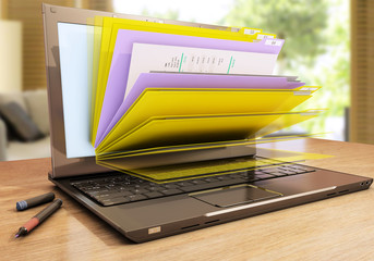 file in database - laptop with folders, 3d rendering
