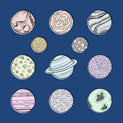 Set of hand drawn doodle planets with different textures. Sketch space illustration.