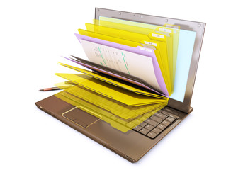 file in database - laptop with folders, 3d rendering