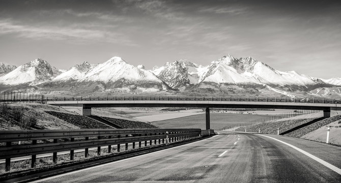 Empty highway and Tatra mountains, Slovakia