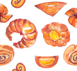 Seamless pattern with various baked pastry goods painted in watercolor on white isolated background