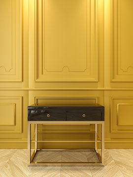 Black console with gold in classic yellow interior. 3d render illustration.