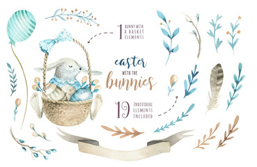Fototapeta premium Hand drawn watercolor happy easter set with bunnies design.Rabbit bohemian style, watercolour isolated illustration on white. natural boho style. nest, quail, thrush, birth, tree.