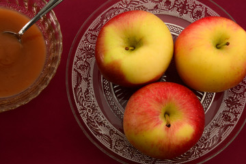 High angle view of a closeup of apples and apple compote