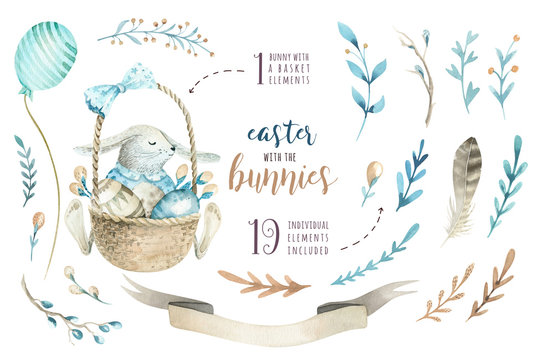  Hand drawn watercolor happy easter set with bunnies design.Rabbit  bohemian style, watercolour isolated illustration on white. natural boho style.  nest, quail,  thrush, birth, tree.