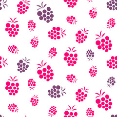 Raspberry pink and purple seamless pattern on white. Berries summer fruit vector repeat background.