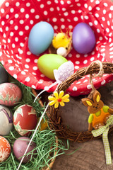 vertical colorfull easter background with decors, eggs and ribons