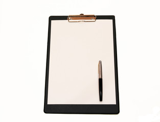A white sheet of paper with a pen mounted on a folder