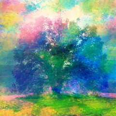 art watercolor mixed media background with big oak tree