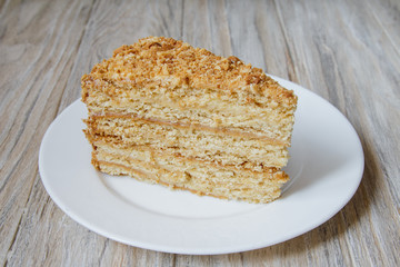 Piece of tasty and fresh cake Napoleon. Close up