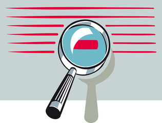 A magnifying glass highlights a detail of a text