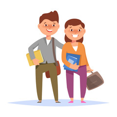 Vector illustration of happy couple student boy and girl standing with book and school bag isolated. Back to school concept