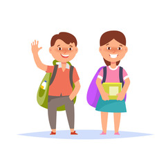 Vector illustration of happy couple schoolboy and schoolgirl elementary standing with book and backpack isolated. Back to school concept