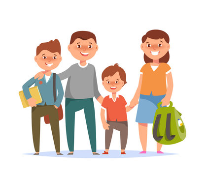 Vector illustration of happy family standing togetherness father, mother, son elementary schoolboy student go to school on white background flat cartoon style. Back to school concept