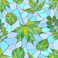 Seamless pattern with green leaves. Seamless background with maple, acacia, acer and linden leaves in stained glass style