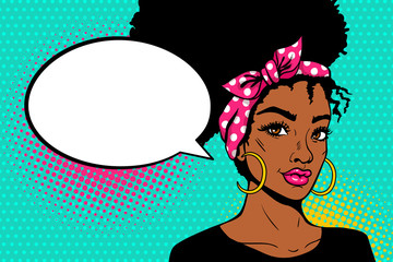 Pop art afro american female face. Sexy young black woman with afro hairstyle in big earrings and empty speech bubble on dots background. Vector bright illustration in pop art retro comic style. - 142711756