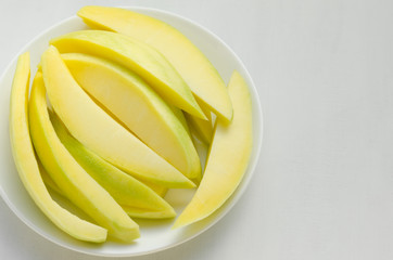 Sliced Mango In White Plate.