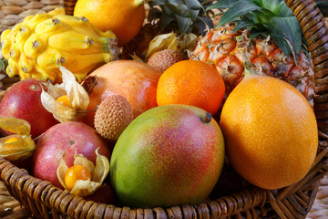 Fresh exotic fruit snapshot on the side. Bright fruits.