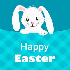 Happy easter blue greeting card with cute white rabbit