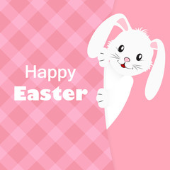 Happy easter pink greeting card with cute white rabbit