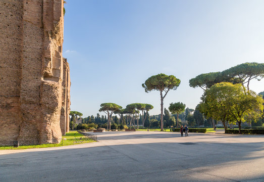 Rome, Italy. Ruins of the thermae of Caracalla and the adjacent park, III century.
